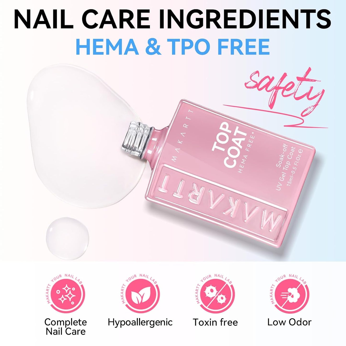 Makartt Gel Top Coat - Hema-Free No Wipe Clear Nail Polish | 15ml Long-Lasting High Gloss Finish for Home DIY