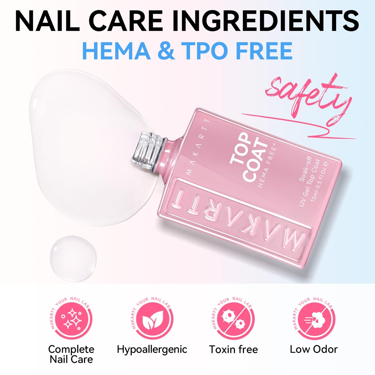 Makartt Hema-Free Gel Top Coat: 15ml No Wipe Clear Top Coat Gel Nail Polish Upgraded Mild Formula Long Lasting High Glossy Gel Polish Soak Off UV LED Lamp Needed for Home DIY Gift Women