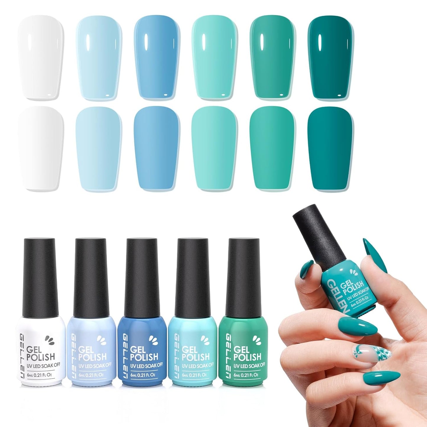 Teal Green Blue Gel Nail Polish - 6-Color Semi-Permanent Formula | No Wipe, Glossy Finish, HEMA & TPO Free