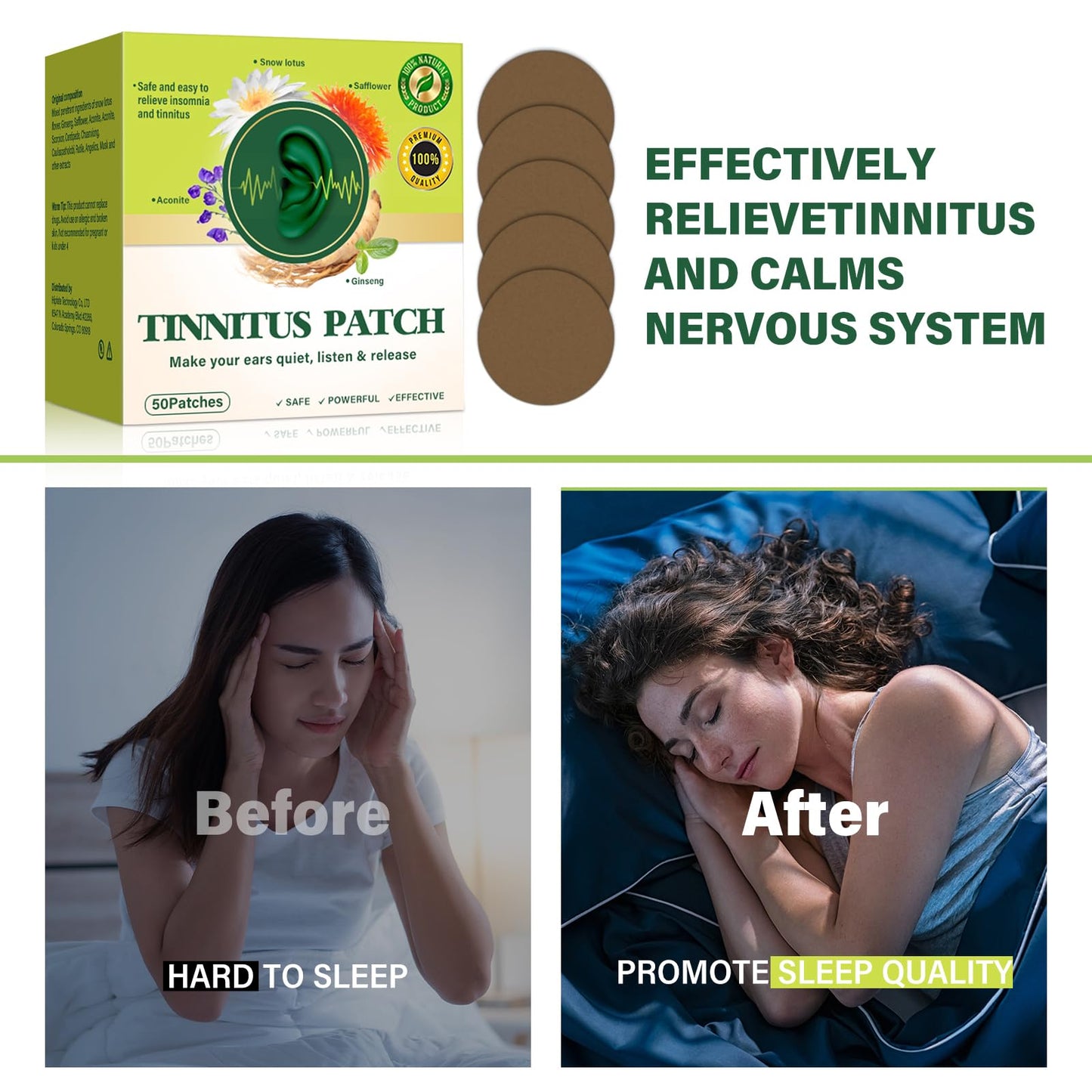Tinnitus Relief for Ringing Ears, 50Pcs Tinnitus Relief Patches, Support Ear Noise and Buzzing Relief, Improve Hearing Comfort