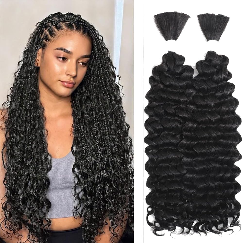 Human Braiding Hair for Boho Braids 100% virgin Human Hair 110g 20 Inch Curly Knotless 12A Deep Wave Bulk Bohemian Braiding Hair for 2 Bundles/Pack Extensions (1B-Natural Black-Deep, 20Inch)