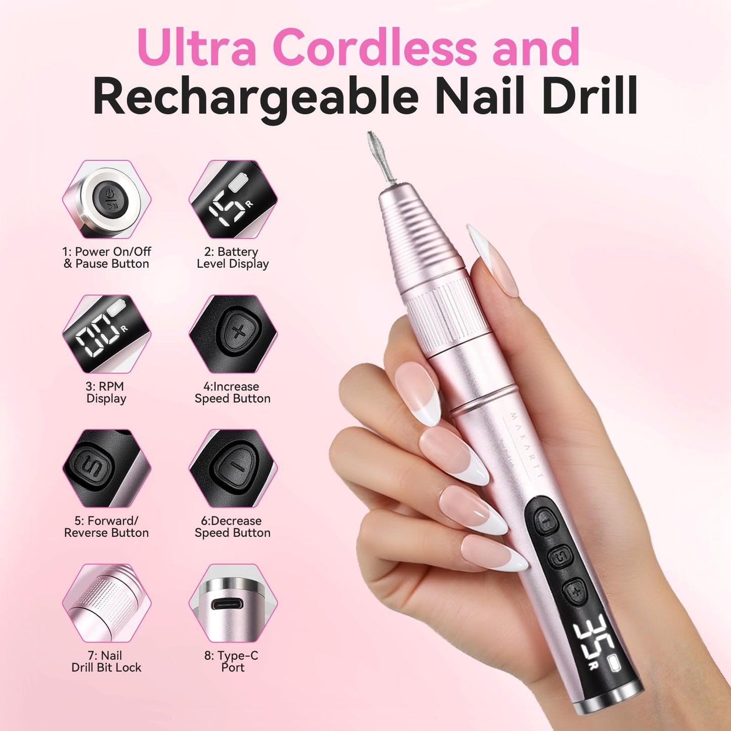 Makartt Electric Nail Drill: Rechargeable 35000 RPM Professional Efile, Cordless Nail Drill Machine Kit & Nail Machine for Acrylic Dip Powder Gel Polish,Quiet Lightweight Portable Tool for Salon Home