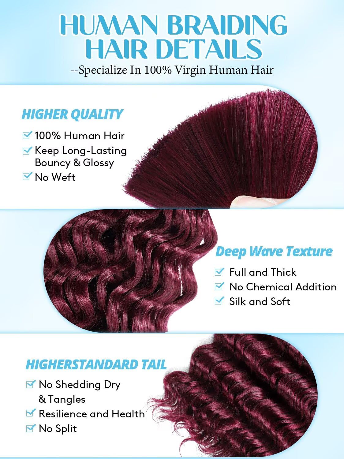100% Unprocessed Human Hair for Braiding - #99J Burgundy Curly Bulk Hair, 24 Inch, 2 Bundles