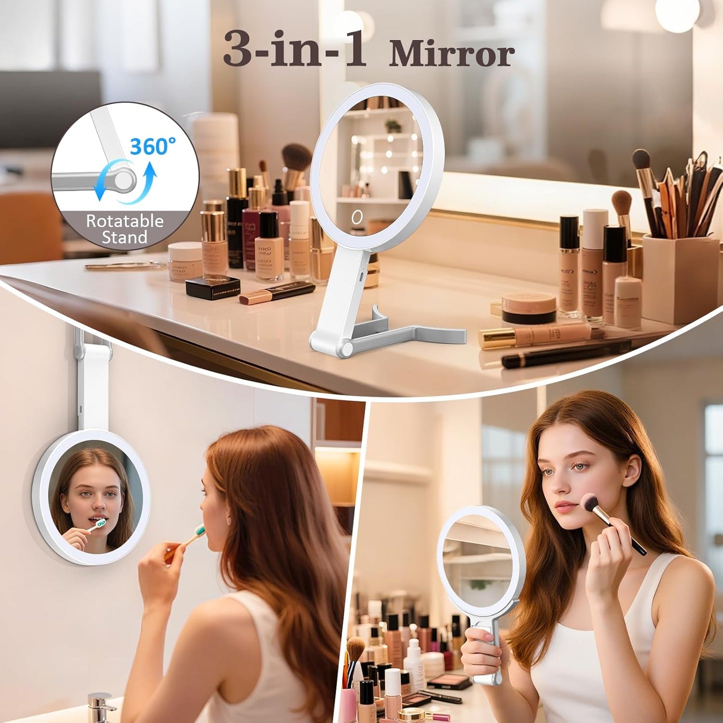 Travel Makeup Mirror with Lights - 15X/1X Double-Sided LED Magnifying Mirror | Portable, Dimmable Touch Control, 3 Color Lighting