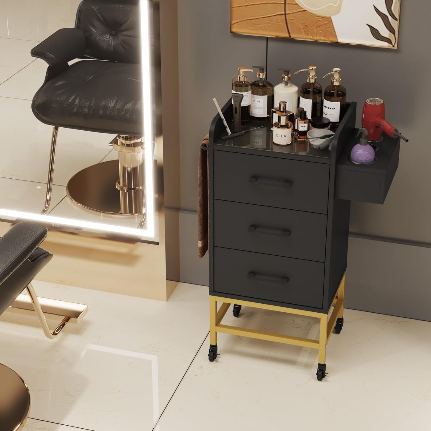 Salon Trolley Cart - Rolling Barber Station with Toughened Glass Top | 4 Wheels, Drawers & Towel Rack - Black