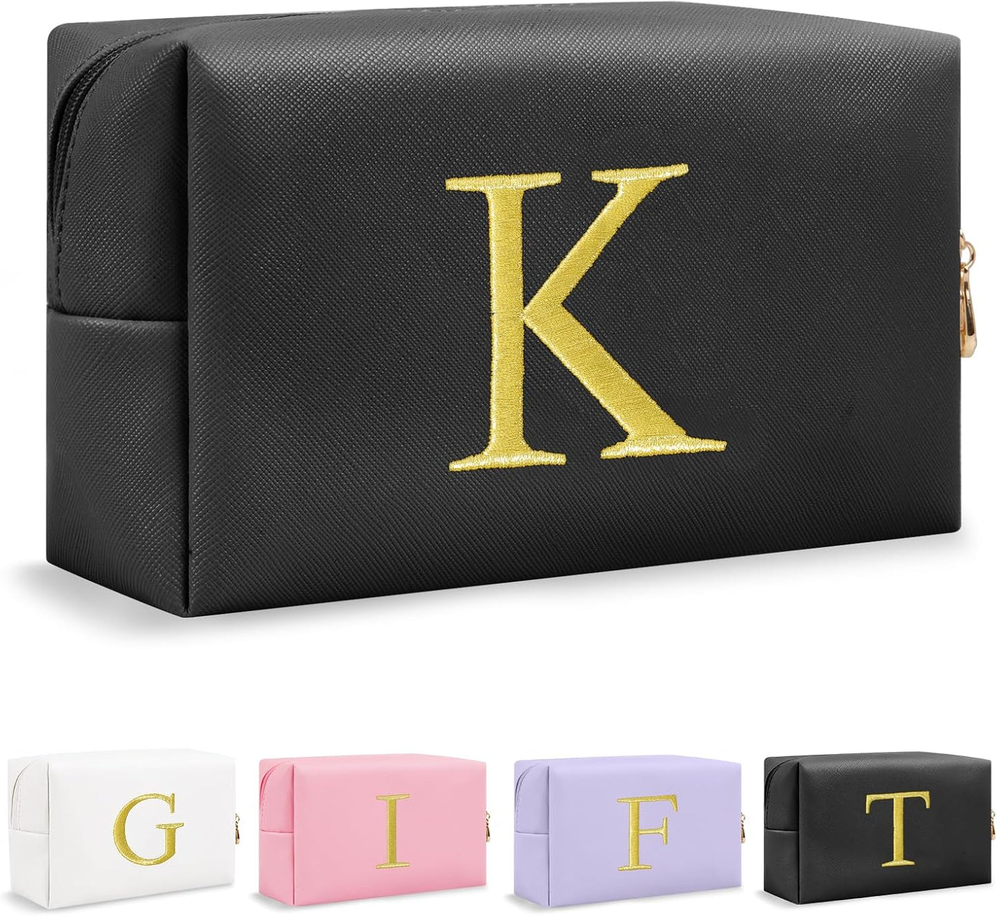 Personalized Initial Makeup Bag - Gold Embroidered Cosmetic Bag for Teens | Custom Travel Toiletry Bag (Black)