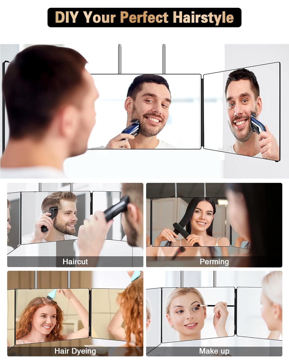 JUSRON 360-Degree Self Hair Cutting Mirror - Clear Anti-Fog HD Glass | Black, No LED or Accessories