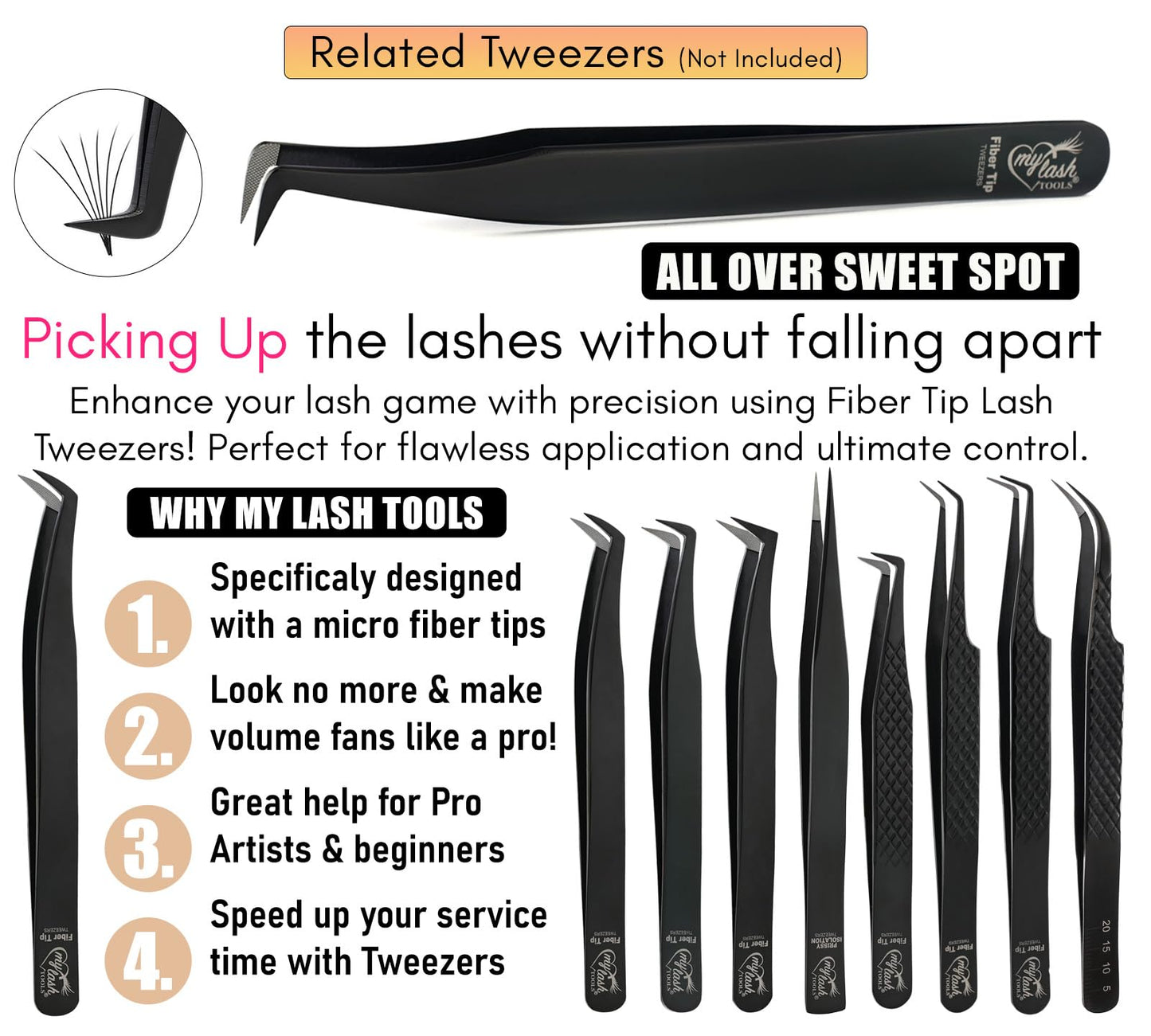 Fiber Tip Lash Tweezers Set for Eyelash Extensions – Curved Classic, Mega 90 Degree Boot, 45 Degree Angle & Isolation Tweezer, Stainless Steel Precision, Non Slip Professional Application Kit