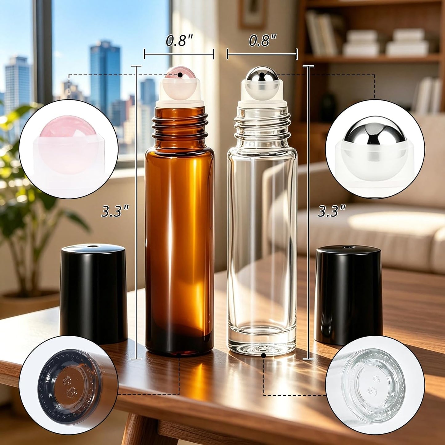 Essential Oils Roller Bottles - 10 Pack 10ml Leakproof Amber & Clear Glass | Rose Quartz & Stainless Steel Balls for Perfume & DIY