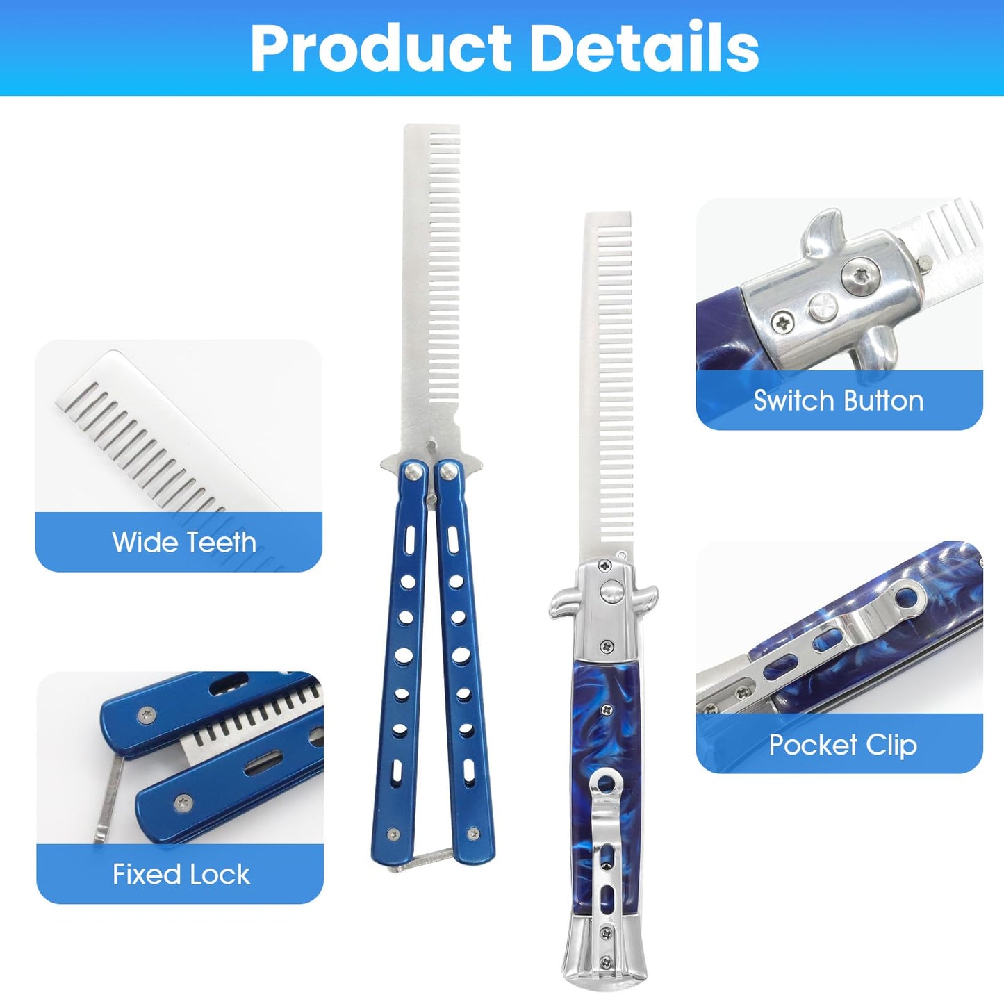 2PCS Switchblade Hair Comb - Automatic Switch Folding Pocket Combs, Stainless Steel Butterfly Comb, Hair Brush for Beard, Mustache, Switch Blade Hair Comb for Men, Beauty Tool