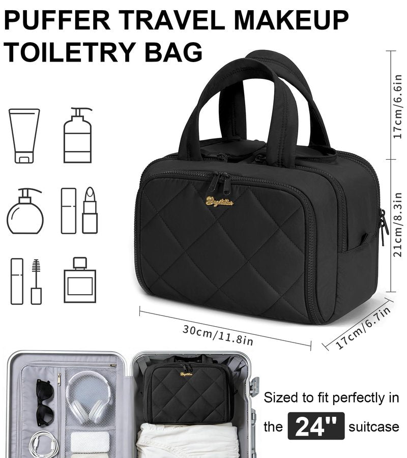 Travel Toiletry Bag, Large Wide-open Puffy Toiletry Bag for Women, Lightweight Quilted Makeup Bag Cosmetic Organizer with Handle Water-resistant Travel Essentials for Toiletries Accessories Black