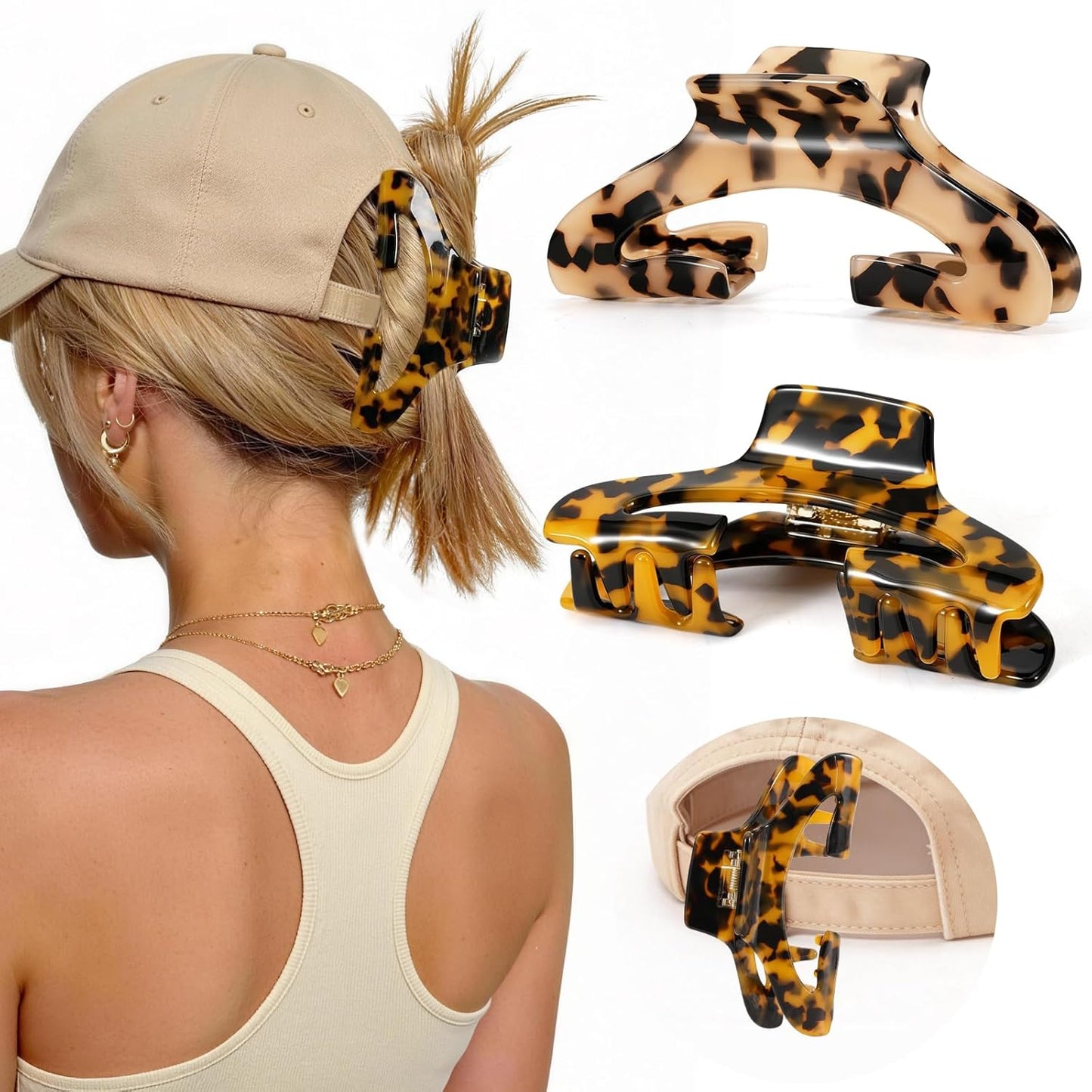 Large Hat Claw Clips for Women - 2 PCS Acetate Hair Clips for Baseball Caps | Tortoise Shell, Strong Hold Design
