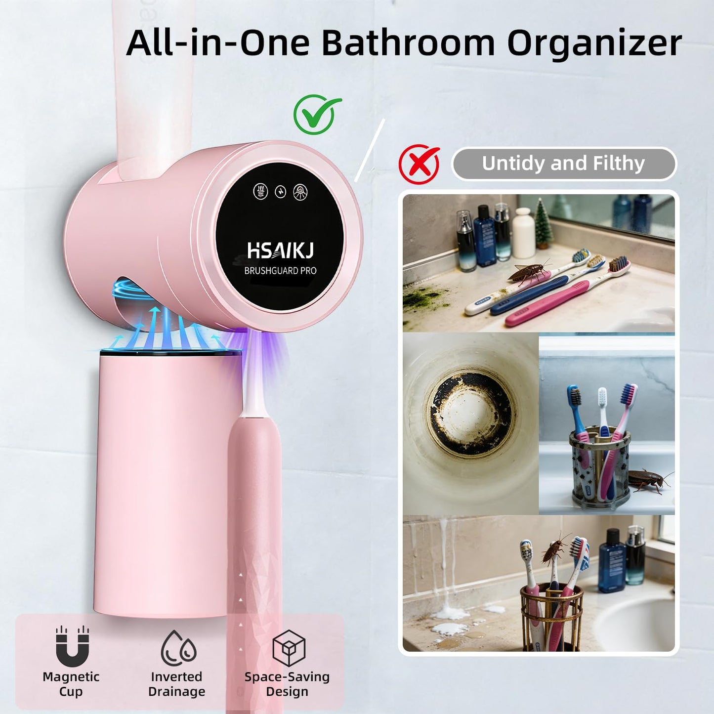 Wall Mounted Toothbrush Holder for Bathroom, 3-in-1 Electric Toothbrush Organizer for Personal Use, Smart Sensor Lid, Fast Drying, Aesthetic Bathroom Organizer with Magnetic Cup (Pink)