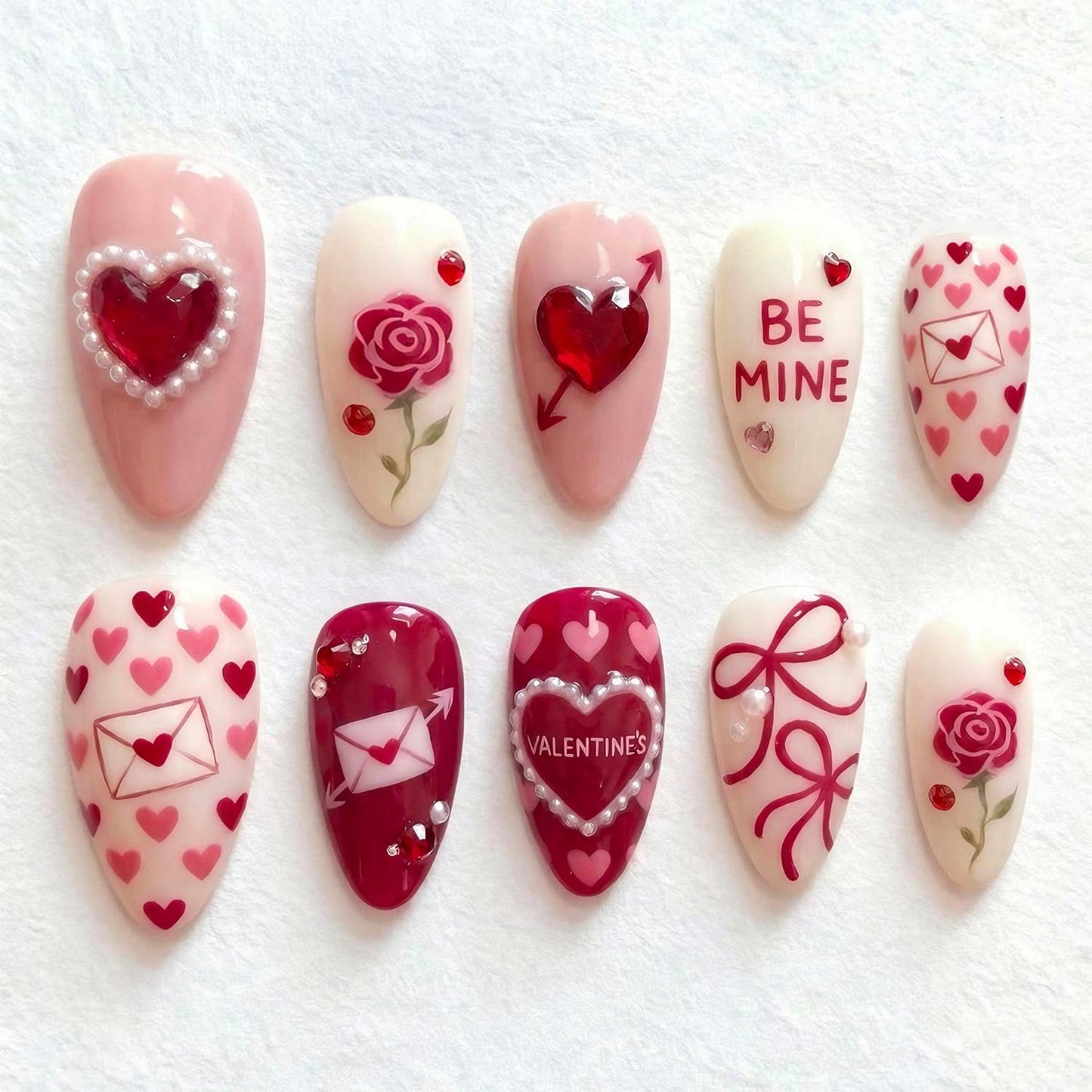 Valentine's Press-On Nails - 30 Pcs Short Almond Red French Tip with Pearl & Gold Bow | Romantic Heart Acrylic Set