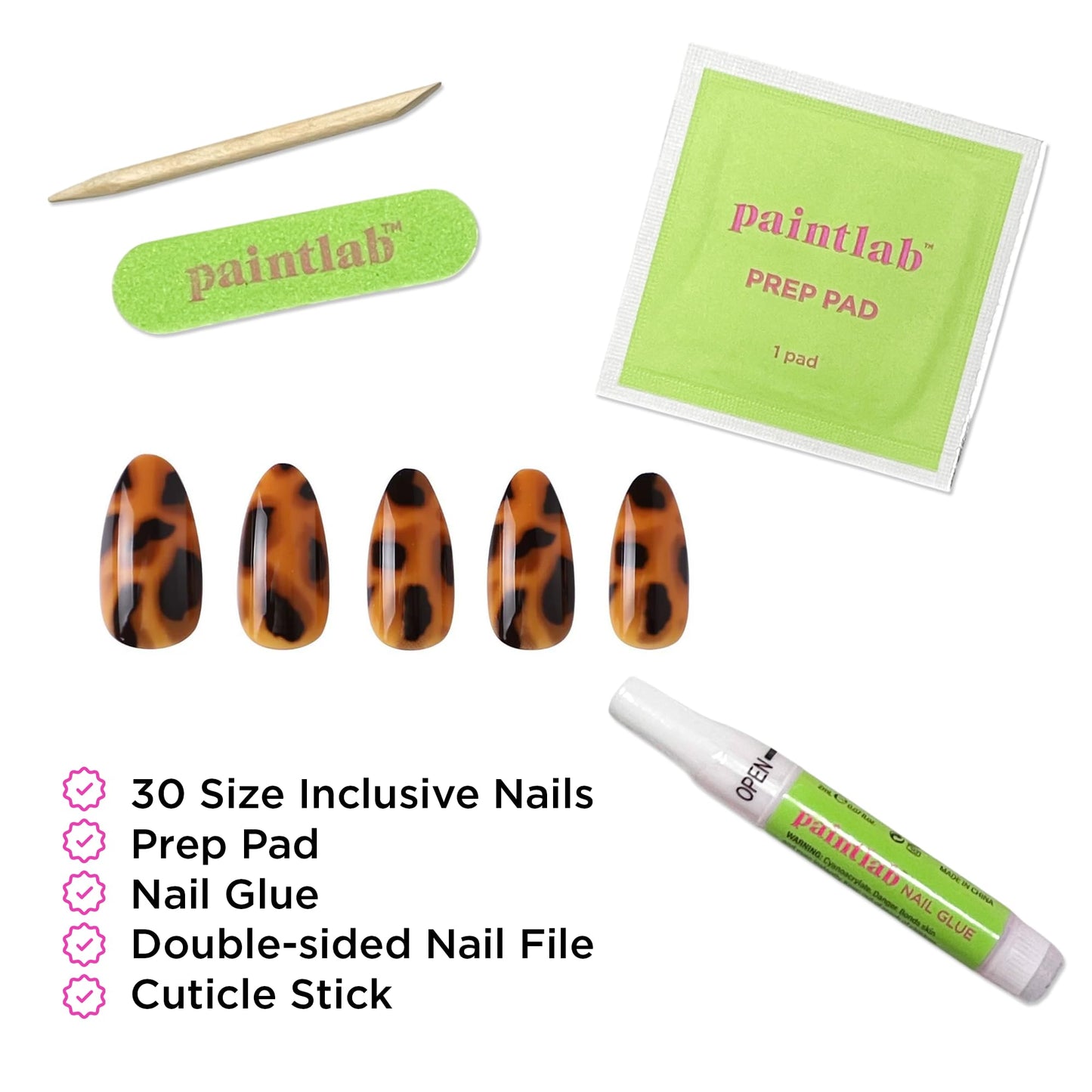 PaintLab Tortoise Shell Press On Nails Almond - Medium Tortie Brown, 30 Nails in 15 Sizes with Glue, Reusable Salon Quality Nail Press Ons