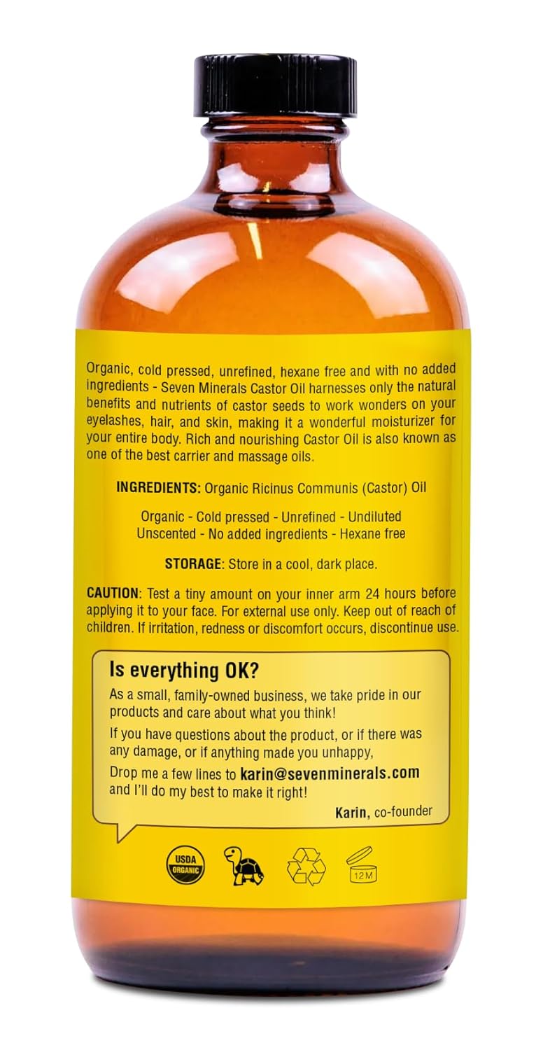 Castor Oil - Organic Cold Pressed Unrefined 16 fl oz Glass Bottle | 100% Pure USDA Certified