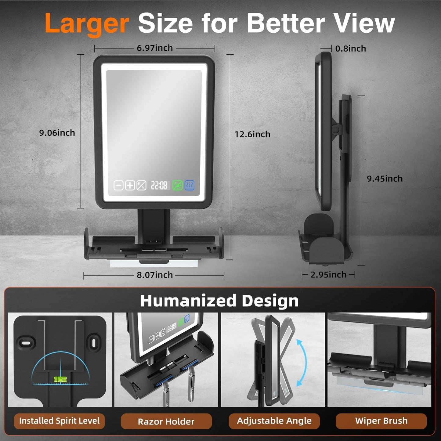 Fogless Shower Mirror for Shaving - LED Heated Rechargeable with Digital Clock & Storage Tray | Dimmable Touch Screen, 3 Color Lighting