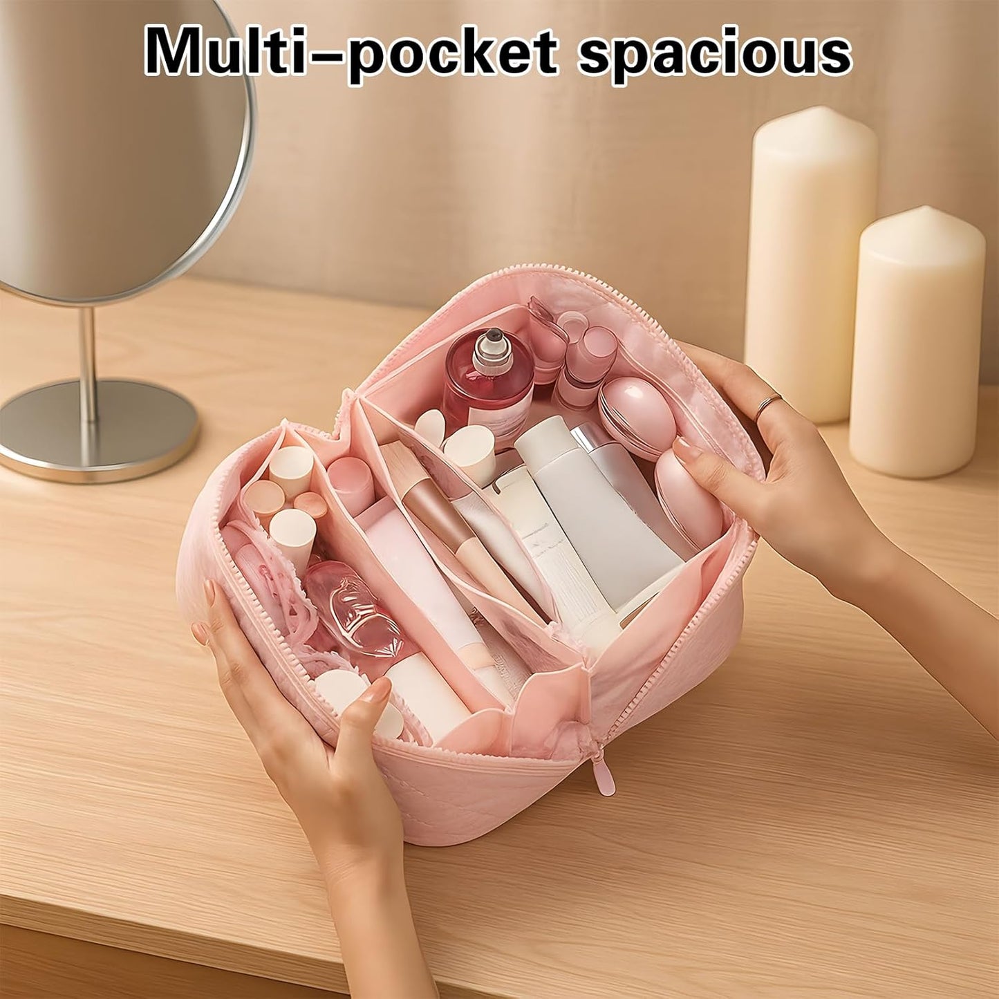 Travel Makeup Bag - Waterproof Padded Cosmetic Organizer for Women | Wide-Open Pouch in Pink