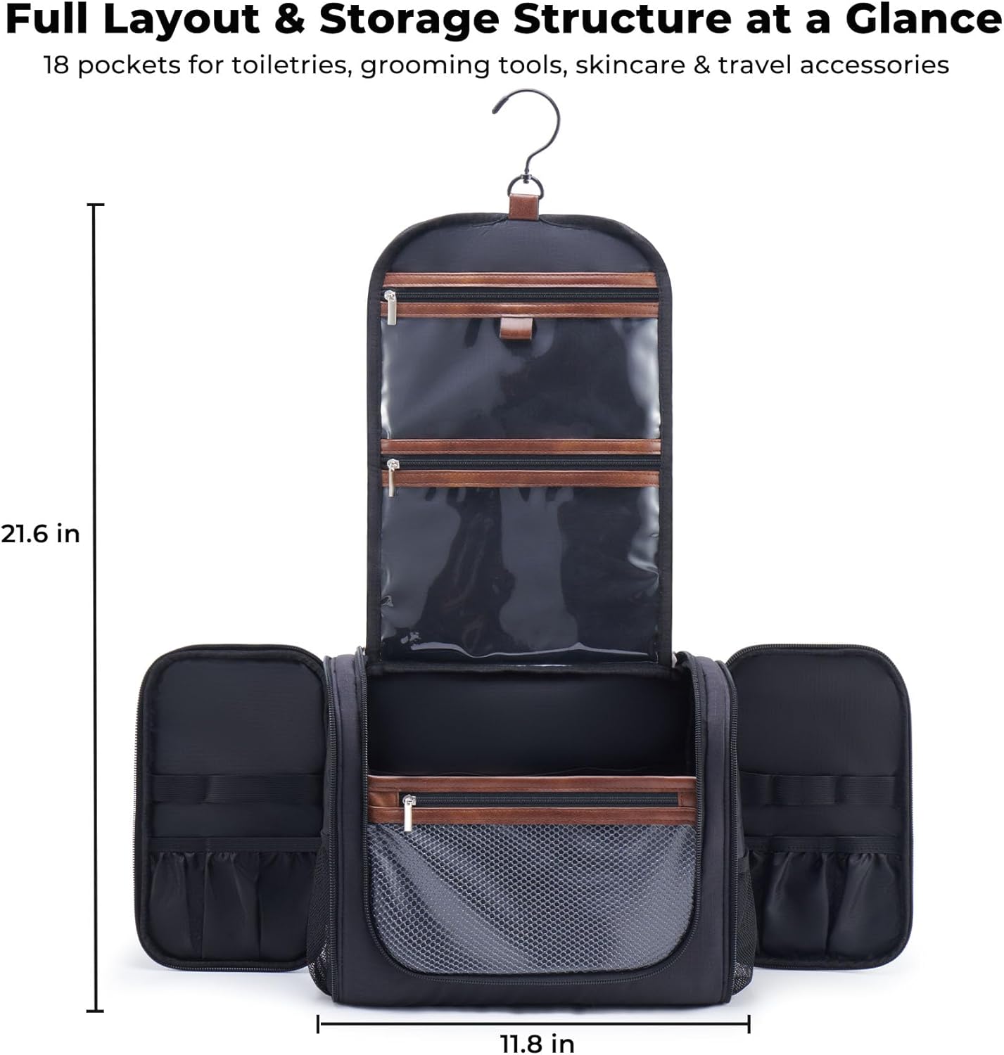 Large Hanging Toiletry Bag for Men - Travel Organizer with Hook | Black Hygiene & Grooming Essentials