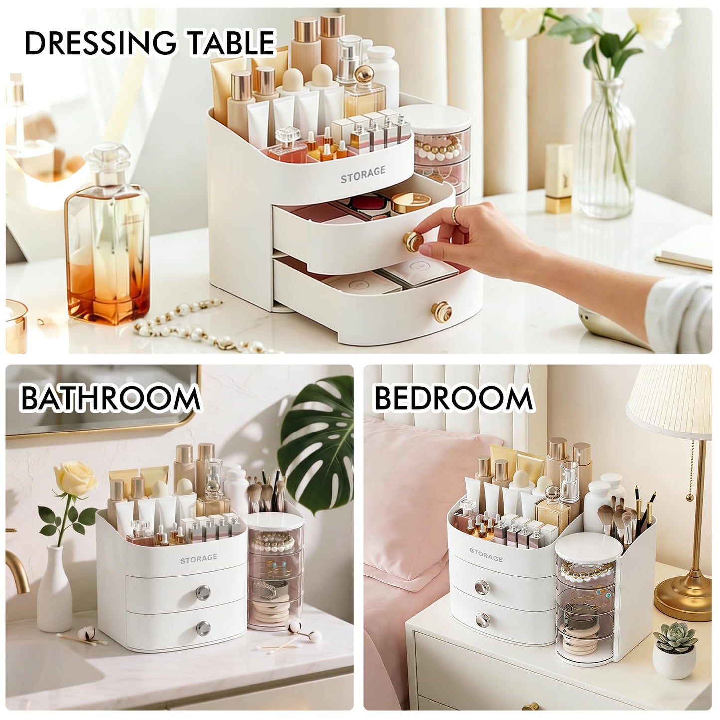 Makeup Organizer Countertop with Drawers, Make up Organizers for Vanity, Skincare Jewelry Earring Organizers, Cosmetic Display Cases Makeup Storage for Bedroom & Bathroom, Ideal Gifts for Women(White)