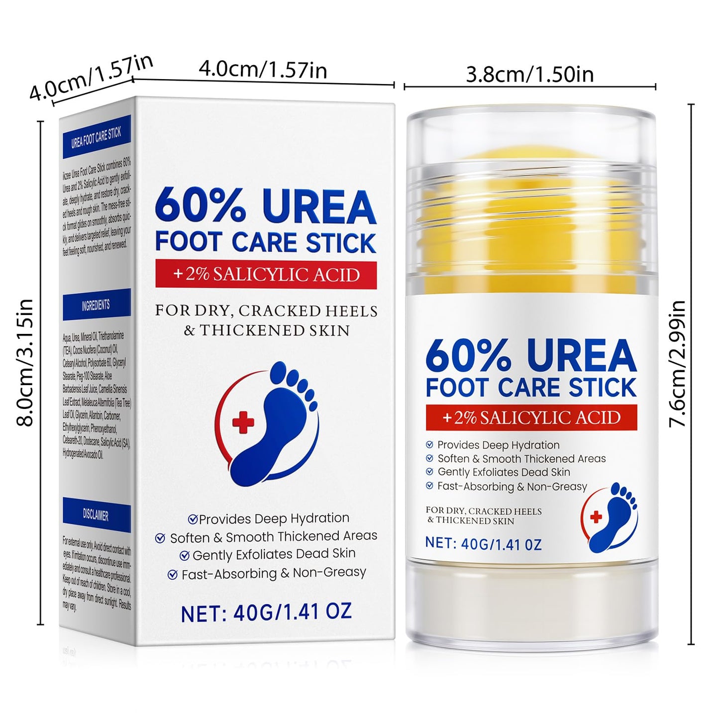 60% Urea with 2% Salicylic Acid Foot Care Stick, Maximum Strength Urea Foot Cream Callus Remover for Dry Cracked Heels, Hands, Knees, Exfoliating Moisturizer, Dead Skin Remover Foot Balm 1.41oz
