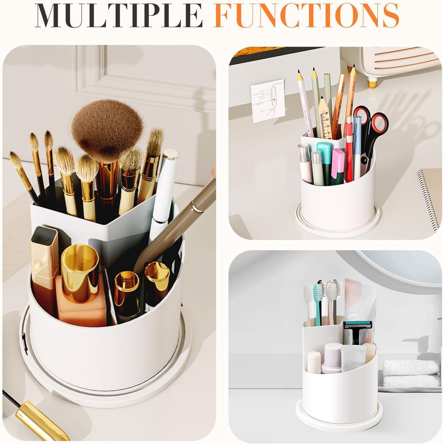 Concealed Toothbrush Holder - 360° Rotating Makeup Brush Organizer | Clear Dustproof Design for Bathroom Countertop (White)