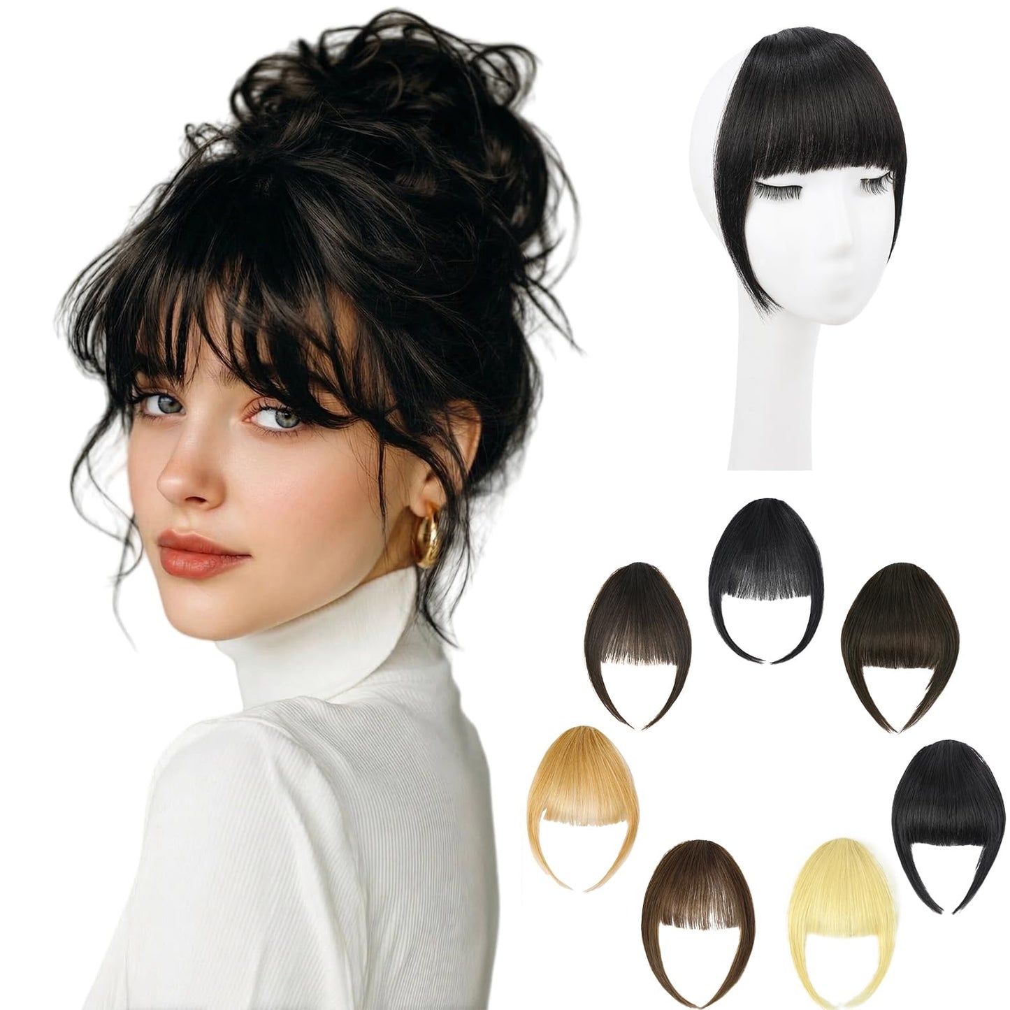 Real Human Hair Clip-In Bangs - Natural Black Soft Layered Hairpieces for Daily Wear | Feathered Fringe Style
