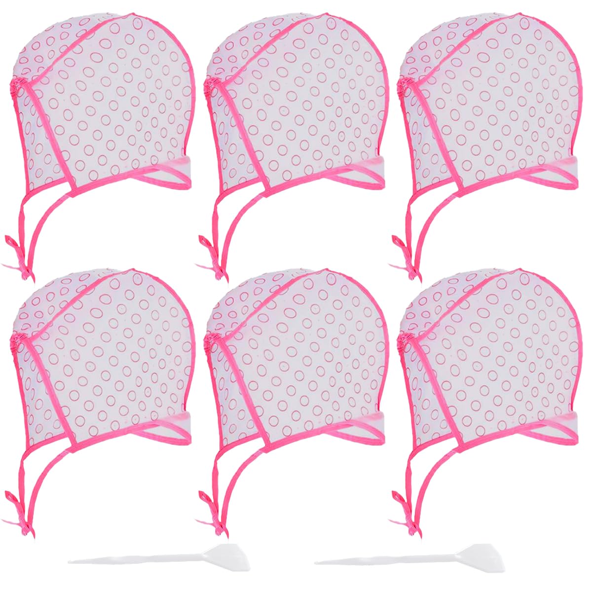Hair Highlighting Cap Set - 6 Pcs Hair Coloring Frosting Kit with 2 Plastic Hooks | Pink