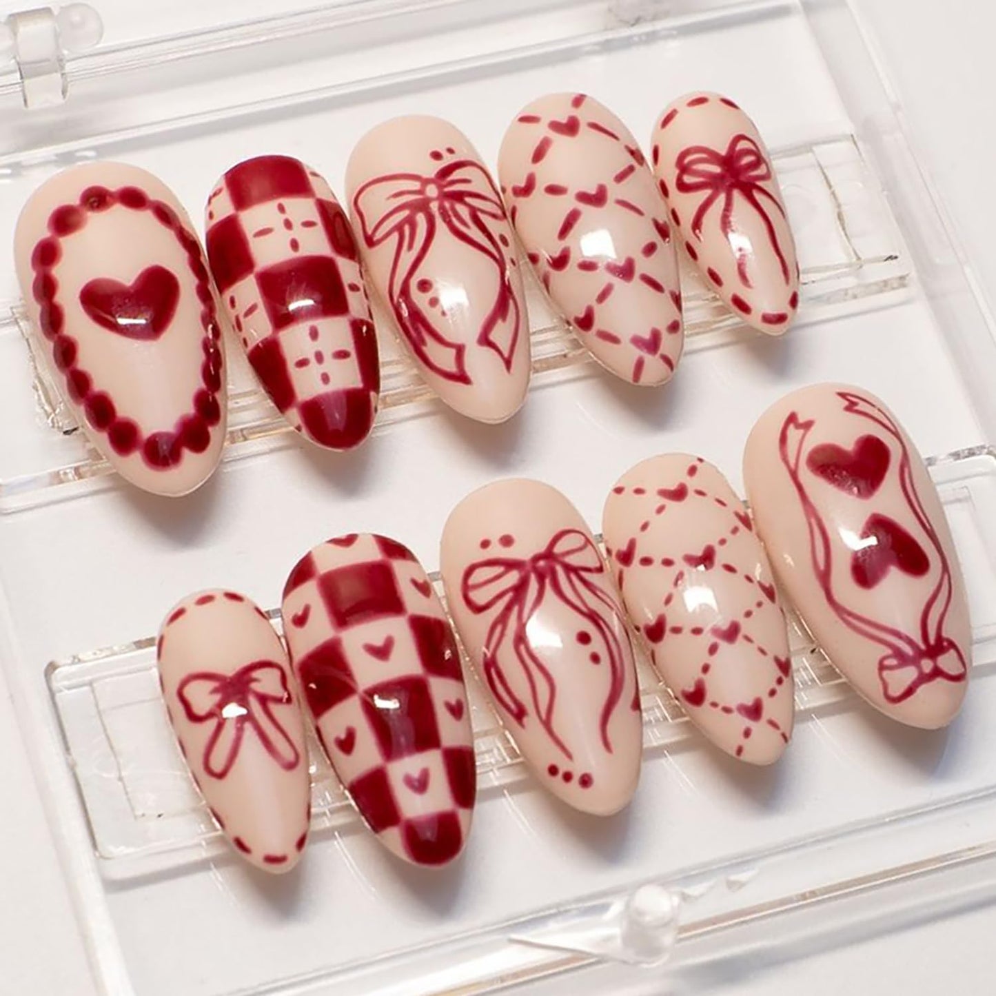 Valentine's Press-On Nails - 30 Pcs Short Almond Red French Tip with Pearl & Gold Bow | Romantic Heart Acrylic Set