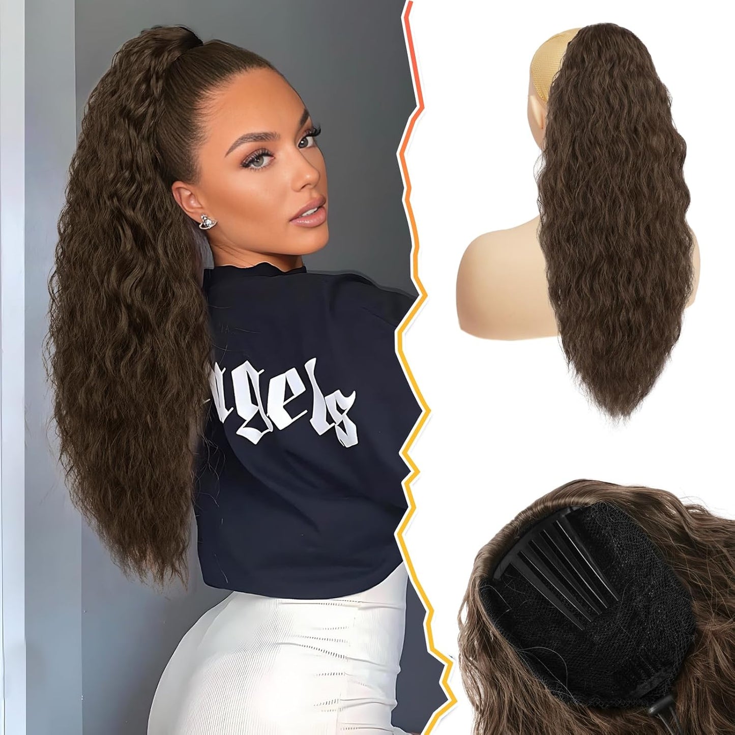 22 Inch Black Curly Wavy Drawstring Ponytail Extension - Synthetic Clip-In Hairpiece for Voluminous Bohemian Style