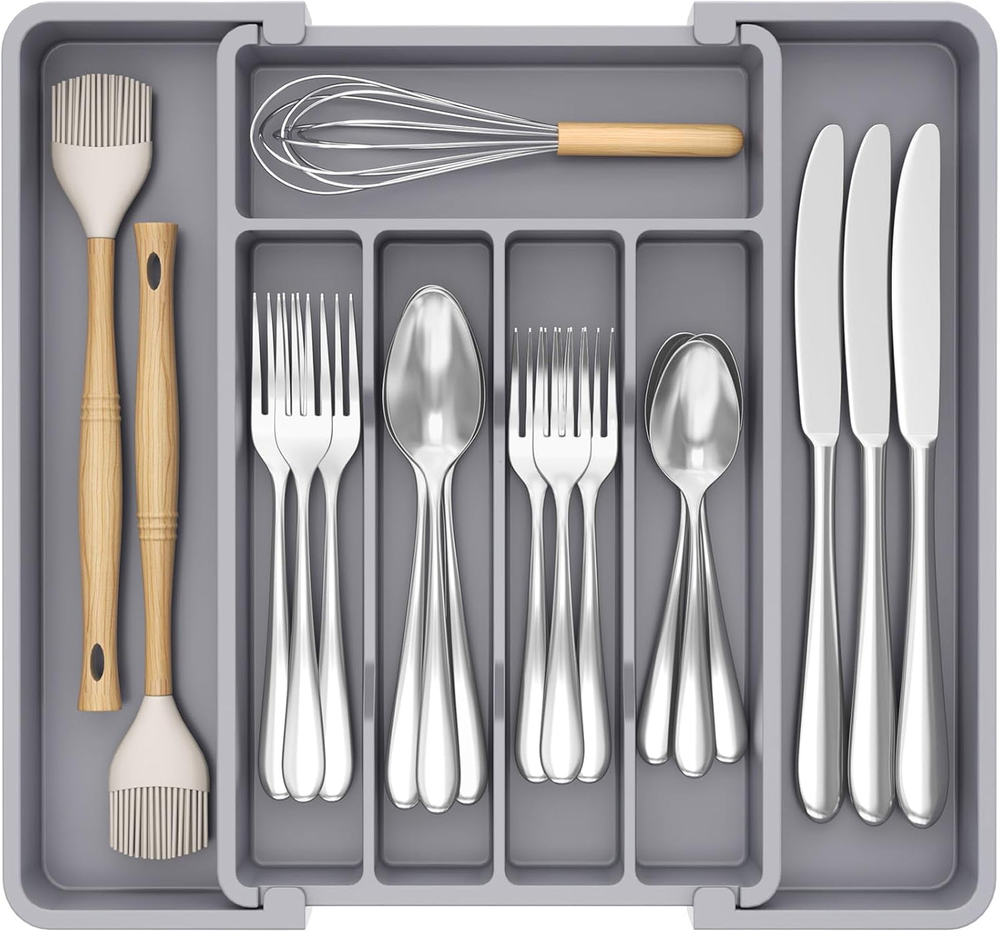 Expandable Silverware Organizer - BPA-Free Plastic Utensil Tray for Kitchen Drawer | Space-Saving Cutlery Holder, Black, 8.5-14 x 12 x 1.5 Inch