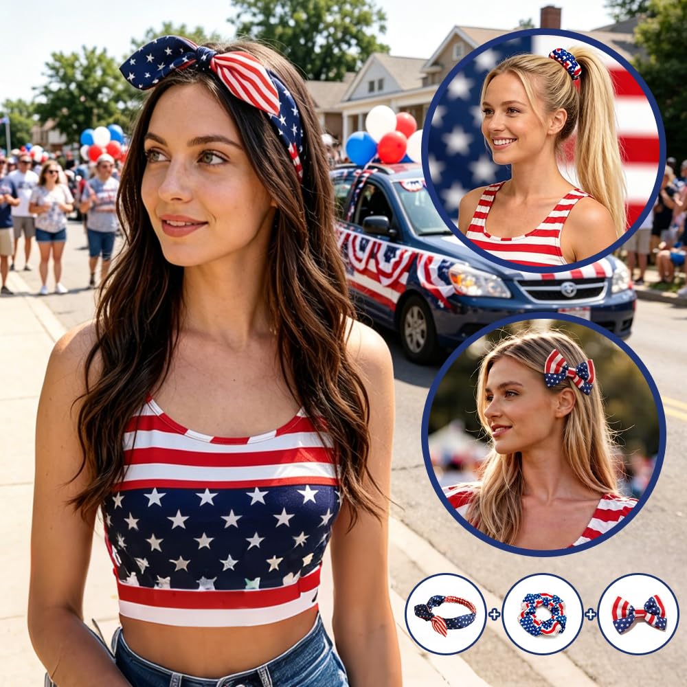 sanvvv American Flag Bandana, Hairpins, Hair Ties, 3-Piece Set Red White Blue Patriotic Bandana for Women 4th of July USA Decorations (Rabbit Ears), Blue,White,Red