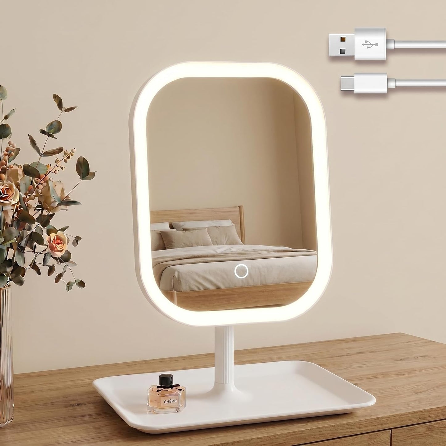 LED Makeup Mirror with Touch-Sensitive Controls - 270° Rotation, 3 Light Colors | Portable & Rechargeable