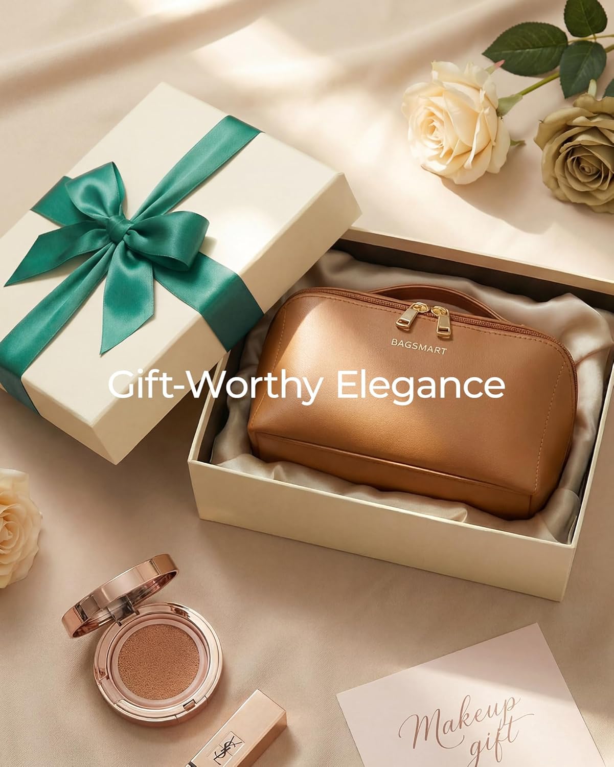 Makeup Bag - Large Travel Cosmetic Organizer | PU Leather Toiletry Case for Women - Classic Brown