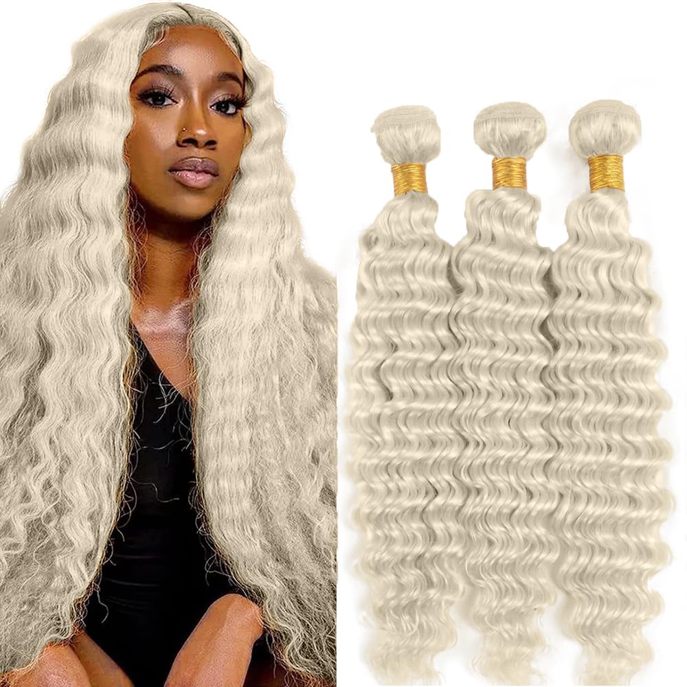 #88 Platinum Blonde Bundles Deep Wave Bundles Human Hair 20 22 24 Inch Platinum Blonde Deep Wave Bundle Unprocessed Brazilian Virgin Weave Hair 3 Bundle 50 Gram Per Bundle for Women