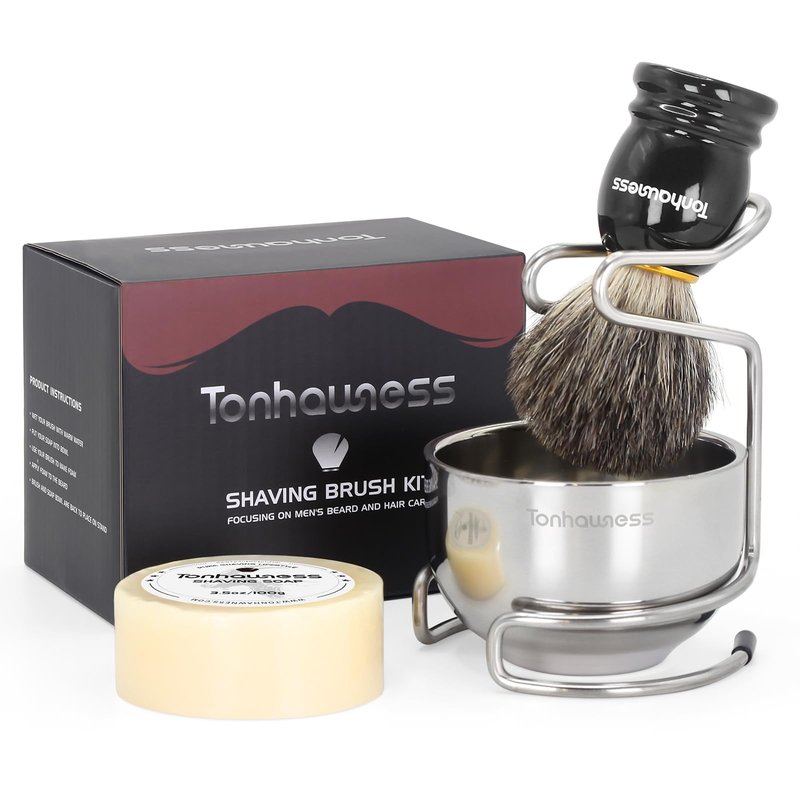 Tonhawness Shaving Brush Kit for Men, 4 in 1 Shaving Brushes Set Includes Badger Hair Shave Brush, Stainless Steel Shaving Bowl&Stand and Goat Milk Flavor Shaving Soap