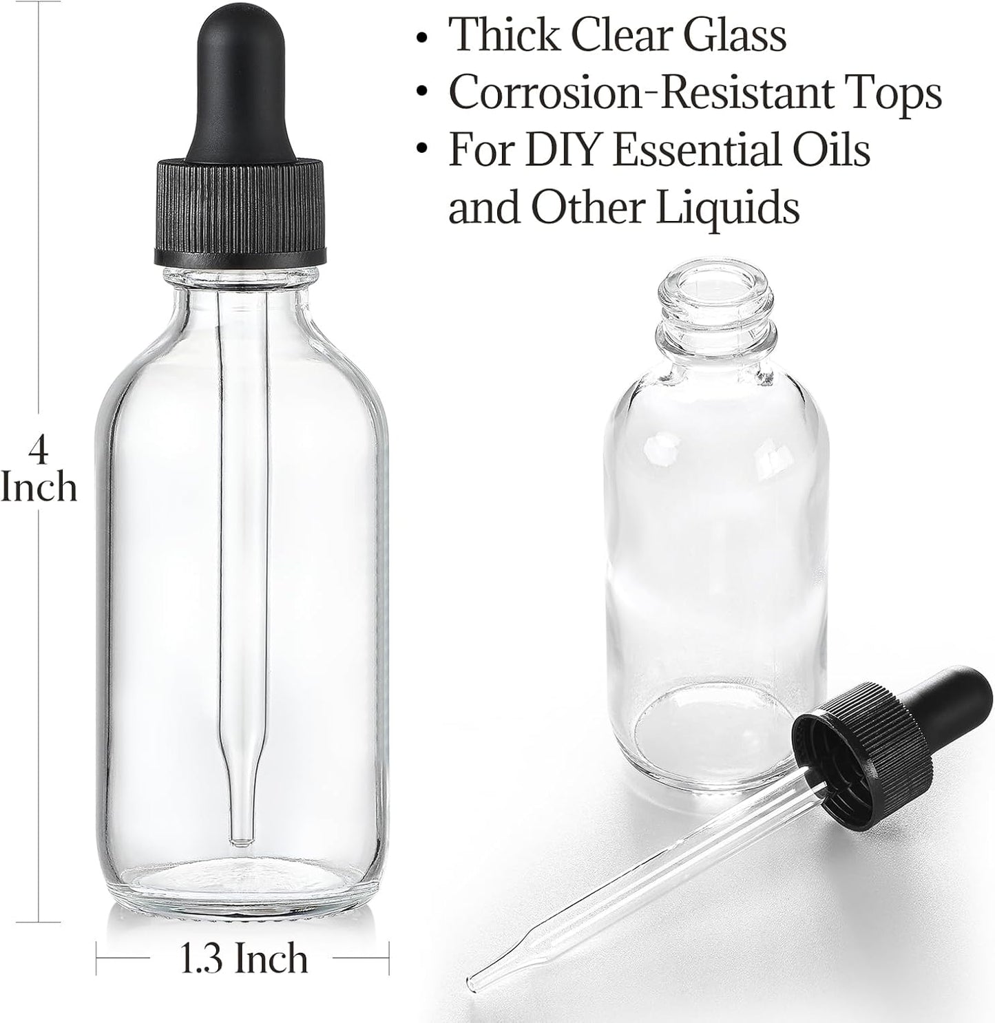 Clear Eye Dropper Bottles Set of 4 - 1 oz Thick Glass Tincture Bottles with Funnels & Labels | Leakproof for Essential Oils & Beauty