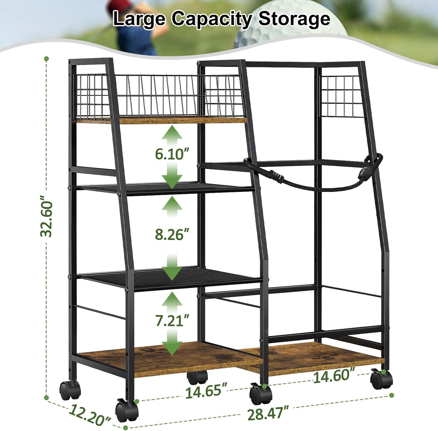 Golf Bag Storage Rack with Wheels - Organizer for Single Bag & Accessories | Sturdy Wood & Metal Construction (Black)