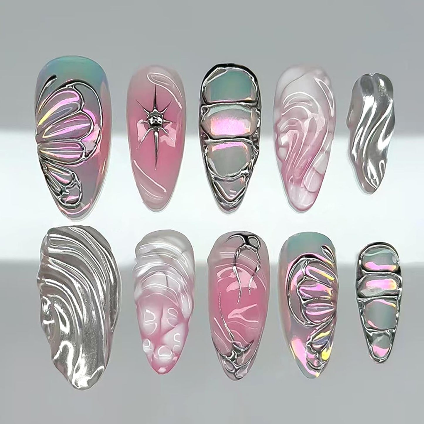 Press-On Nails - 24Pcs Medium Almond Fake Nails with Lotus & Lucky Koi Design | Glossy Full Cover for Spring/Summer DIY Manicure