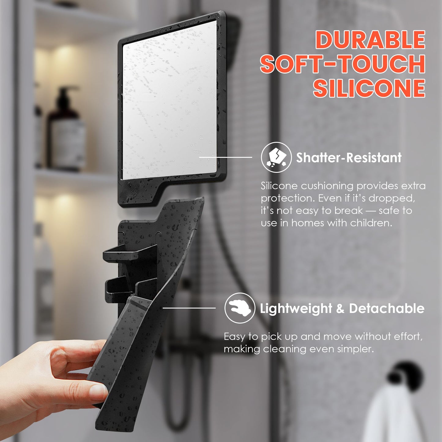 Kottova Shower Mirror Set - Silicone Shower Organizer&Shatterproof Shower Mirror for Shaving - Powerful Silicone Adhesion, Removable and Reusable, Black