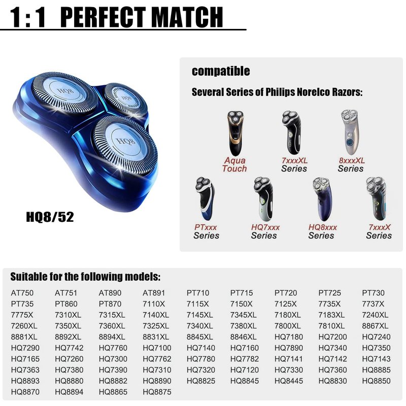 HQ8 Replacement Heads for Philips Norelco - 3 Pcs HQ8 Blades for Norelco Aquatec Shavers PT720 PT730 AT810 AT815 AT830 AT880