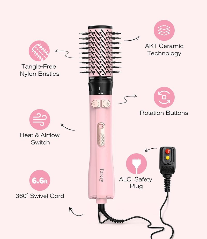 Farery Rotating Hot Air Brush Set - 1000W 4-in-1 Blow Dryer Brush for Volume, Smooth & Curl | Ideal for Fine to Medium-Thick Hair, Pink