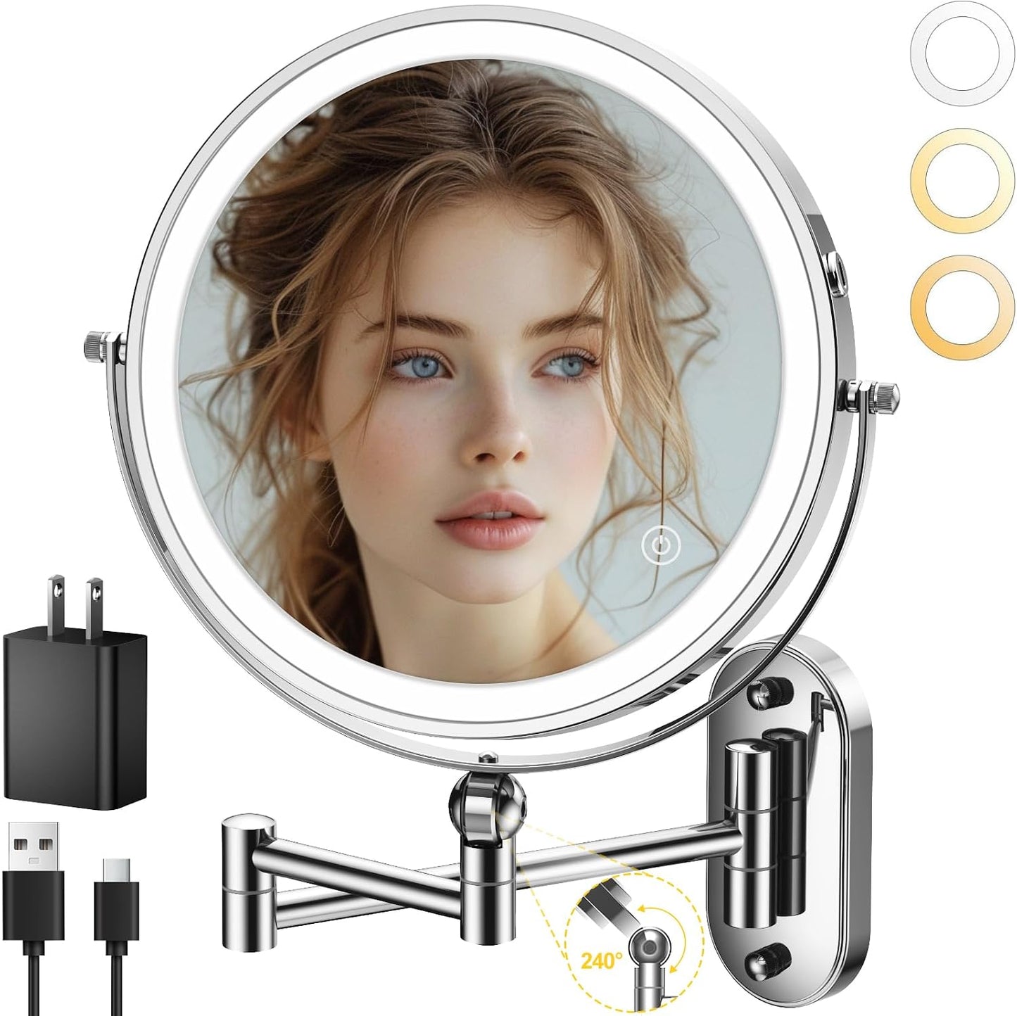 IMIKONA 9-Inch Wall Mounted Lighted Makeup Mirror - 1X/10X Magnification, 3 Color Lights, Touch Dimmable, 360° Rotation