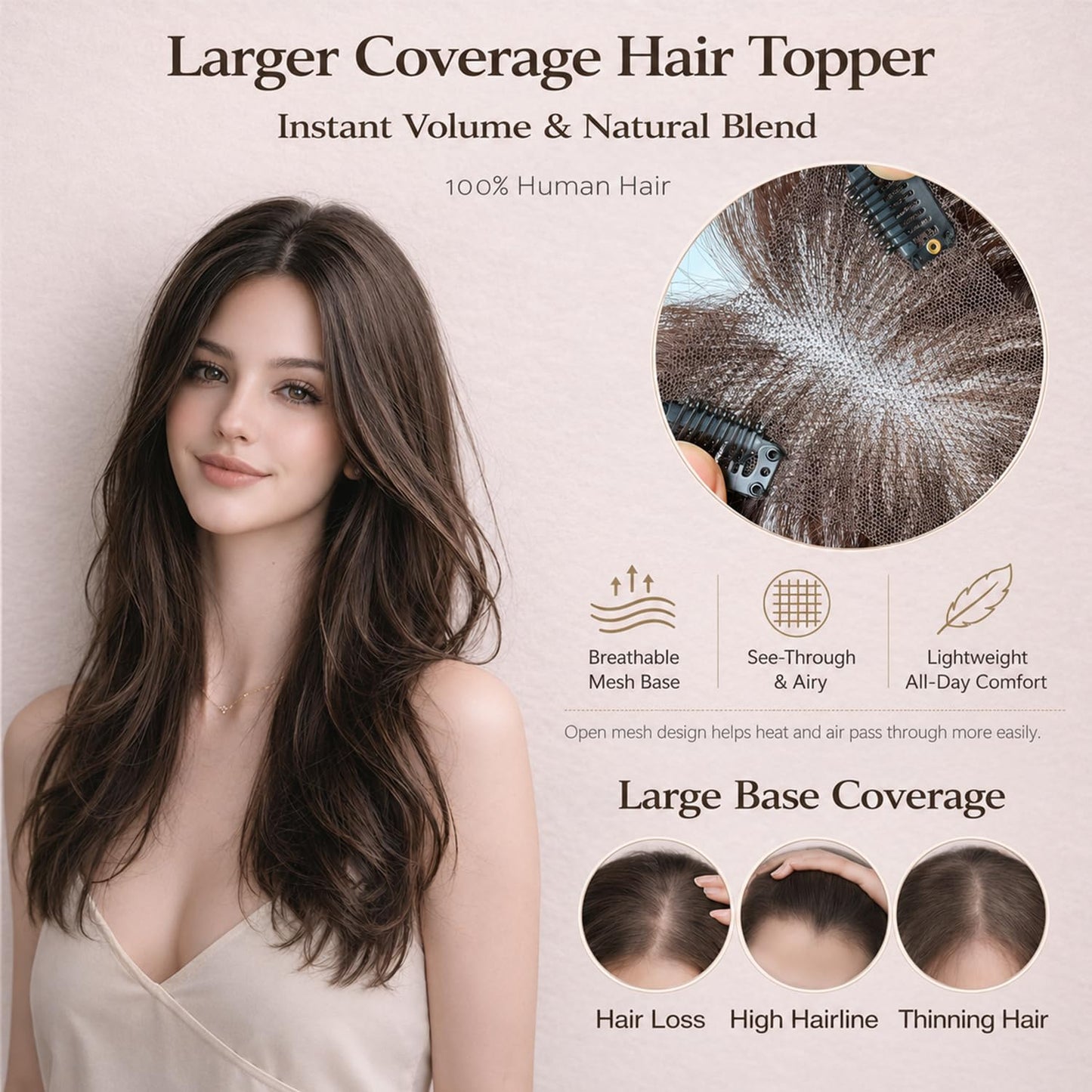 Hair Topper For Women Real Human Hair 10 Inch Super Lightweight Invisible Base Toppers Hairpieces for Women with Thinning Crown Fluffy Breathable for Summer Daily Wear(Dark Brown, French Bangs)