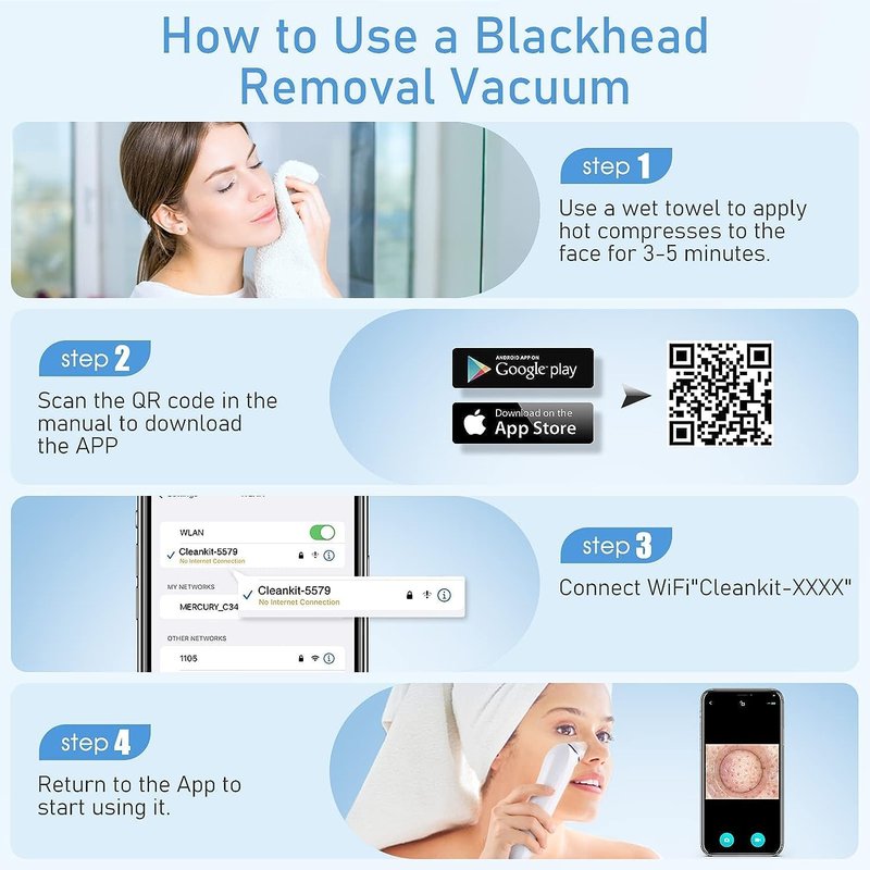 Blackhead Remover Vacuum - USB Pore Cleaner with Camera | 3 Modes & 6 Suction Heads, Light Pink