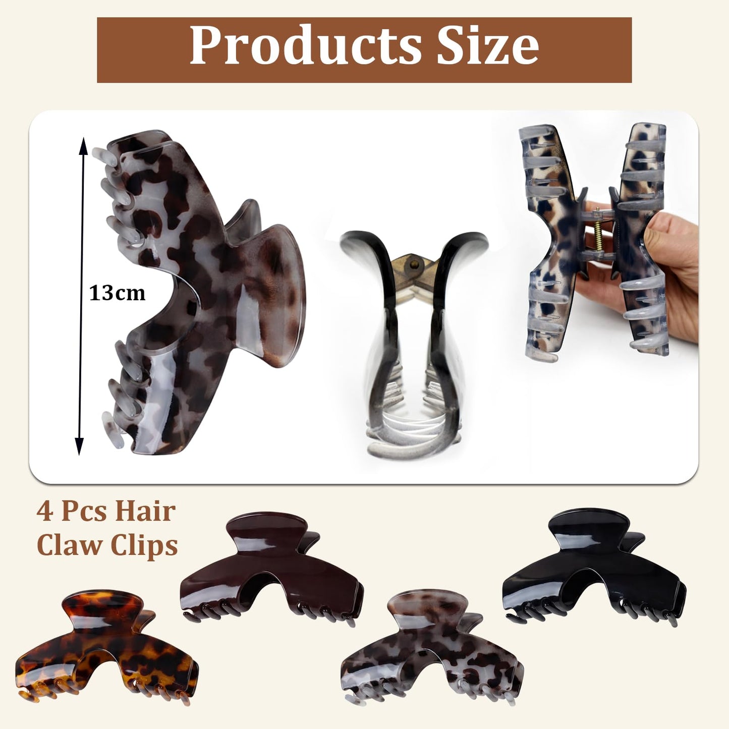 4PCS Large Hat Claw Clip, 5.1" Claw Clip for Hat Designed for Women & Girls,Tortoise Shell Acetate Material,Non-Slip Strong Hold for Thick,Thin,Curly & Long Hair,Stylish Hair Accessories