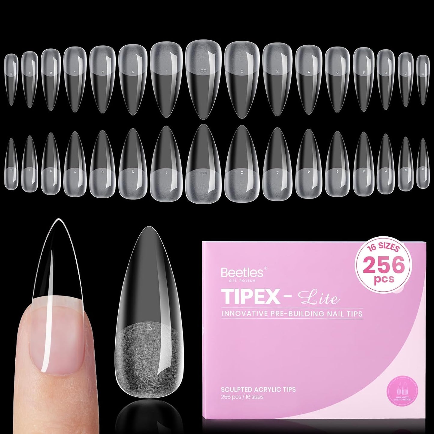 Beetles Nail Tips - XXL Stiletto Instant Apex for DIY Salon Extensions | 160pcs in 16 Sizes (00-14)