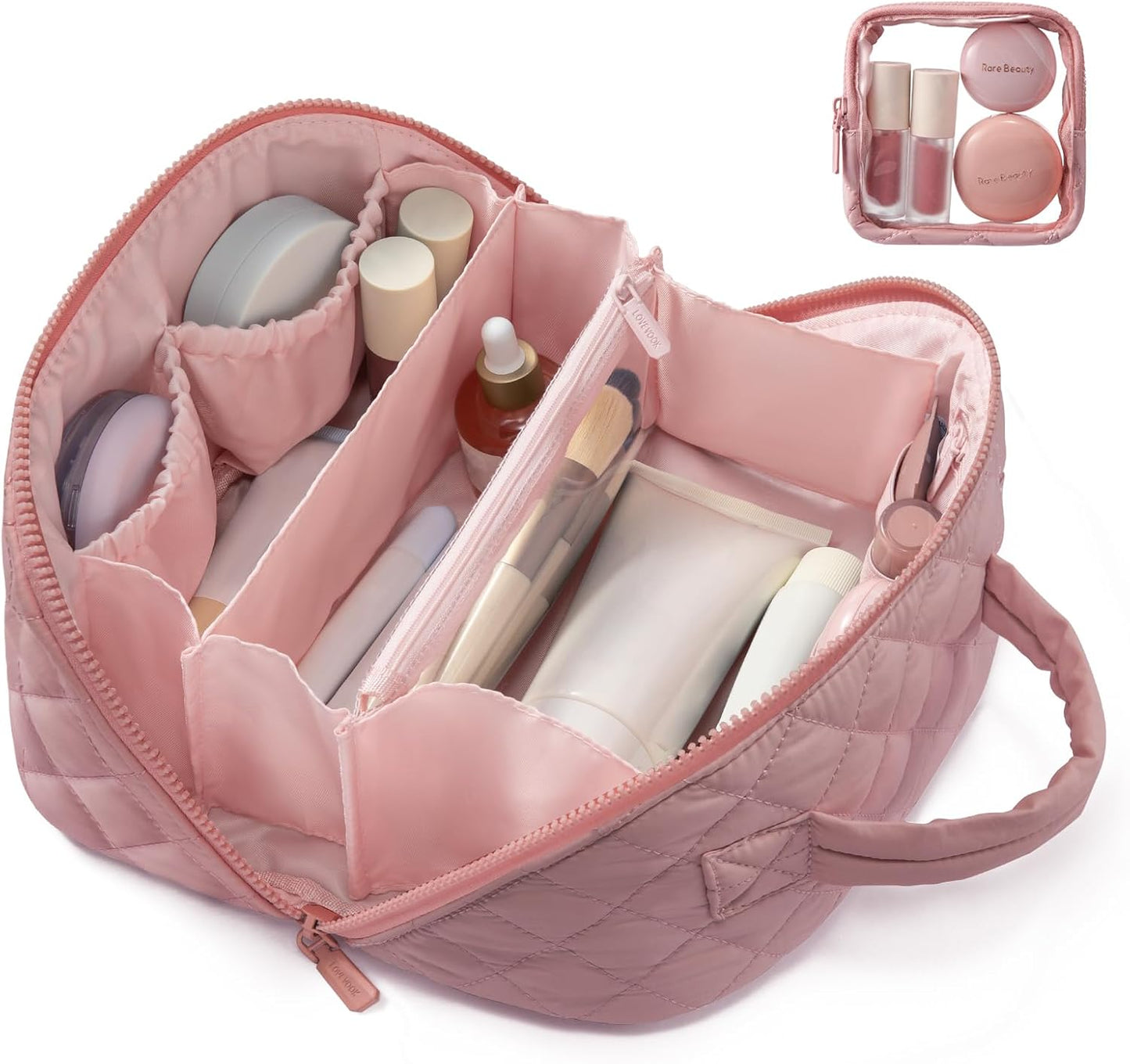 LOVEVOOK Travel Makeup Bag - Waterproof Cosmetic Organizer with Brush Compartment | Large Capacity Pouch in Pink, Medium