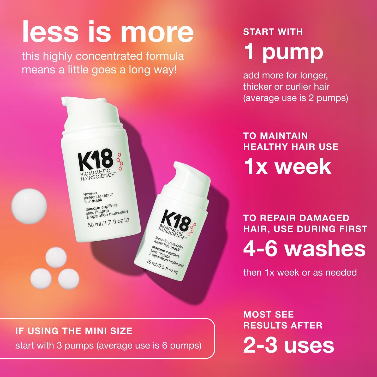 K18 Leave-In Molecular Repair Hair Mask - Peptide Hair Treatment Mask for Bleach, Color, Chemical + Heat Damaged Strands - Immediate + Lasting Damage Reversal in 4 Minutes (0.5 Fl oz)