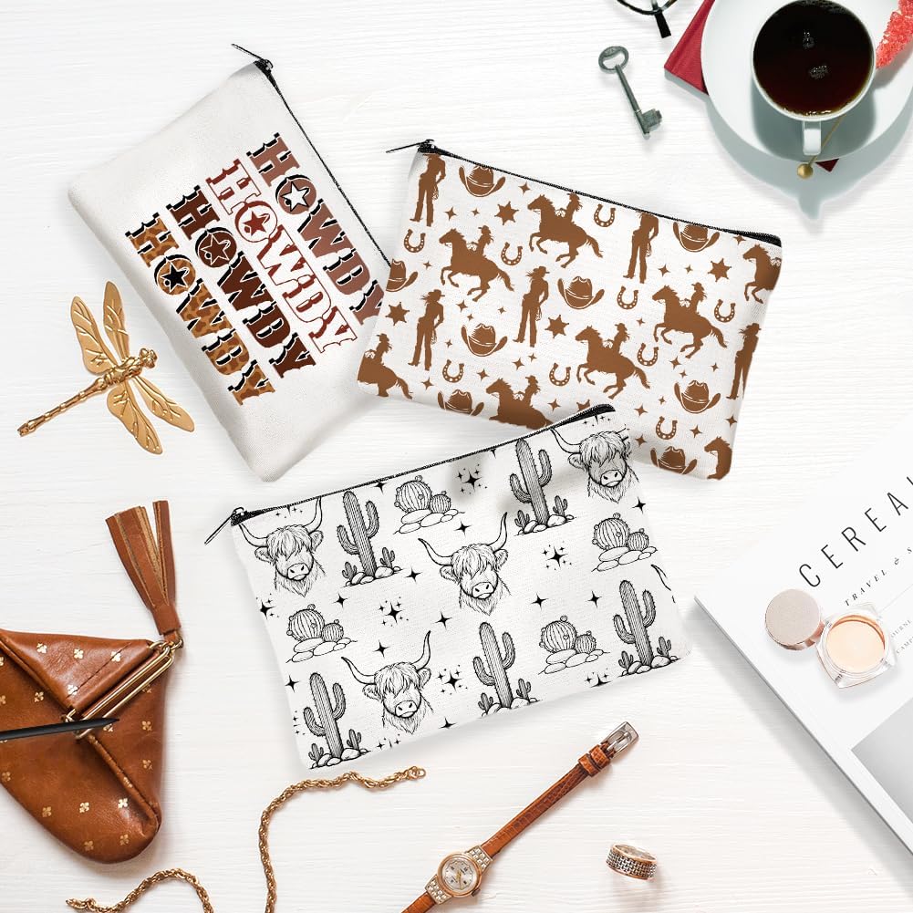 Canvas Western Cowboy Makeup Bag Set - 4Pcs Cactus Cow Design | Portable Travel Organizer, Large Capacity Toiletry Pouches 9.06” x 5.9”